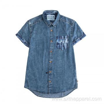 Fashion Men's Short Sleeve Indigo Denim Print Shirt